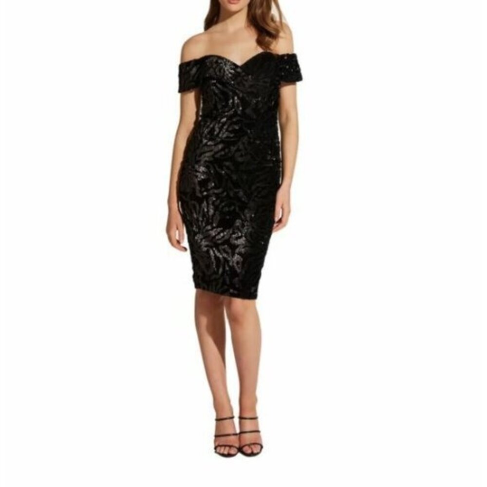 Bardot Cocktail Dress Sequin Velvet Off the Shoulder Midi Black SZ 4/XS